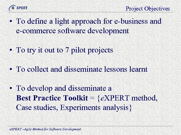 Project Objectives • To define a light approach for e-business and e-commerce software development
