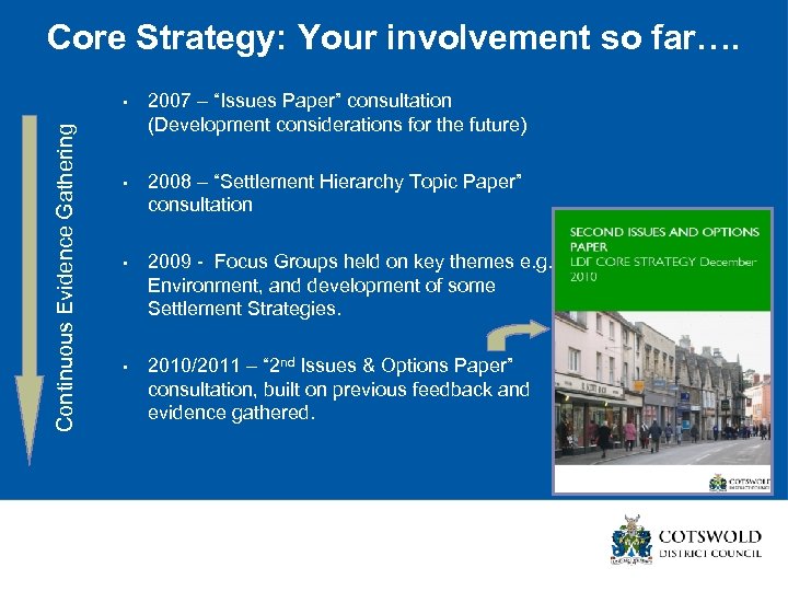 Core Strategy: Your involvement so far…. Continuous Evidence Gathering • 2007 – “Issues Paper”