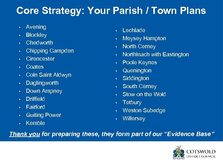Core Strategy: Your Parish / Town Plans • • • • Avening Blockley Chedworth