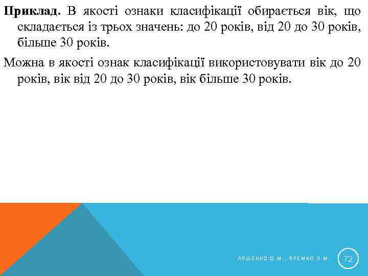 Приклад. В якості ознаки класифікації обирається вік, що складається із трьох значень: до 20