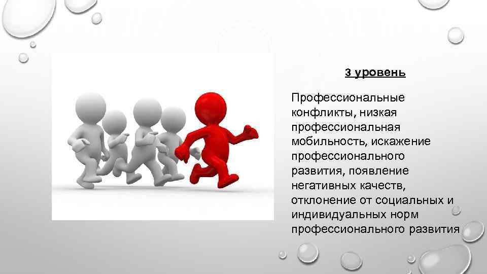 3 уровень Профессиональные конфликты, низкая профессиональная мобильность, искажение профессионального развития, появление негативных качеств, отклонение