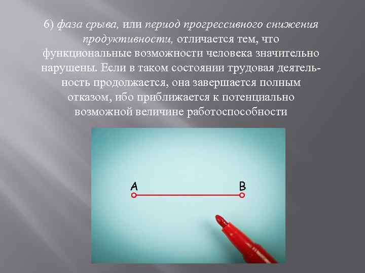 6) фаза срыва, или период прогрессивного снижения продуктивности, отличается тем, что функциональные возможности человека