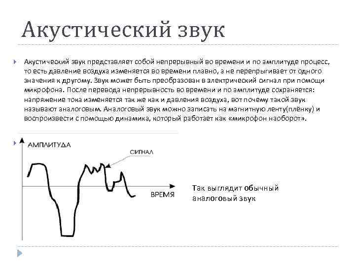 Акустический звук представляет собой непрерывный во времени и по амплитуде процесс, то есть давление