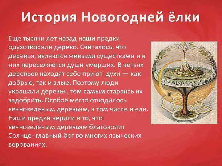 История Новогодней ёлки Еще тысячи лет назад наши предки одухотворяли дерево. Считалось, что деревья,