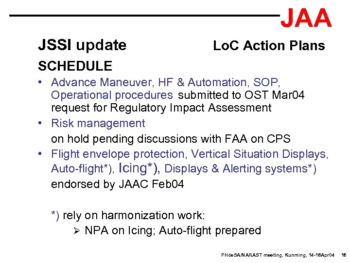 JAA JSSI update Lo. C Action Plans SCHEDULE • Advance Maneuver, HF & Automation,