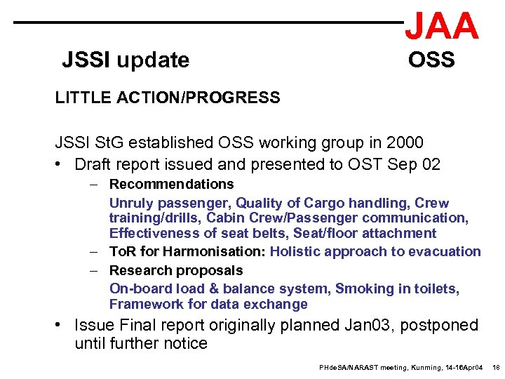 JAA JSSI update OSS LITTLE ACTION/PROGRESS JSSI St. G established OSS working group in