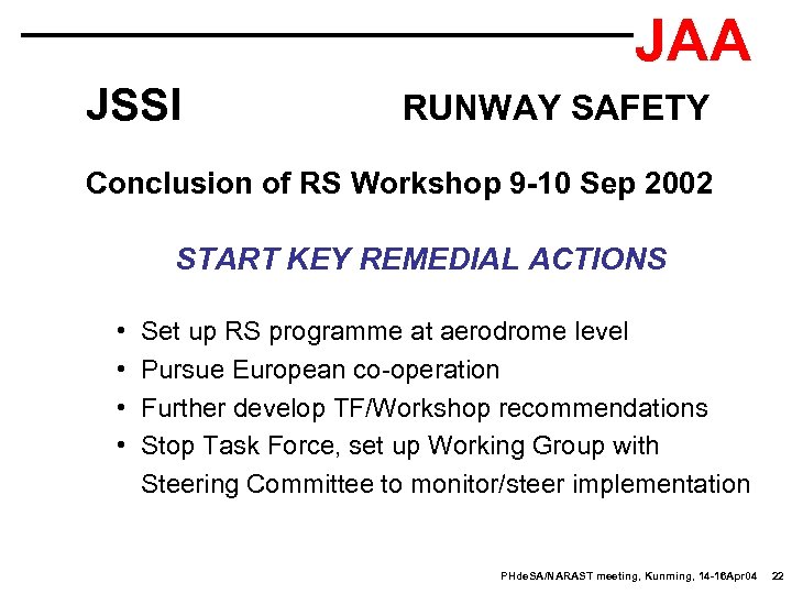 JAA JSSI RUNWAY SAFETY Conclusion of RS Workshop 9 -10 Sep 2002 START KEY