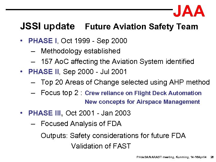JAA JSSI update Future Aviation Safety Team • PHASE I, Oct 1999 - Sep