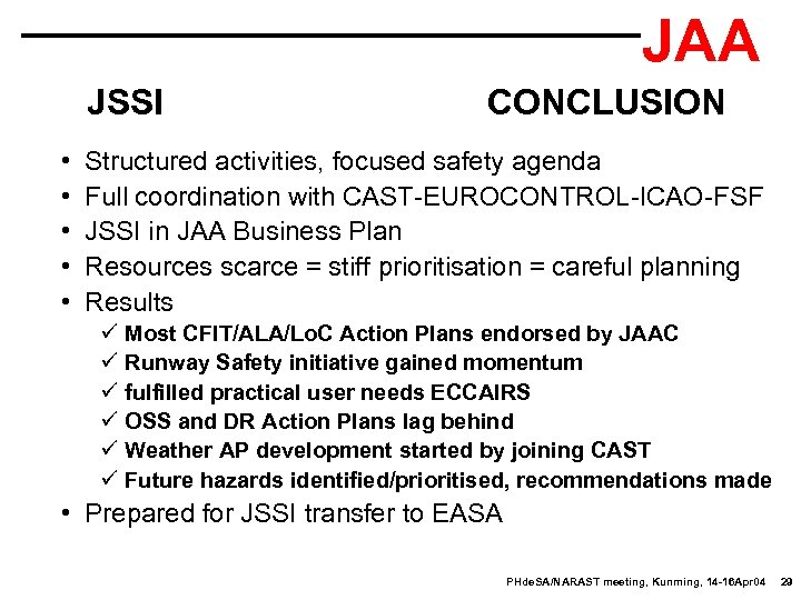 JAA JSSI • • • CONCLUSION Structured activities, focused safety agenda Full coordination with