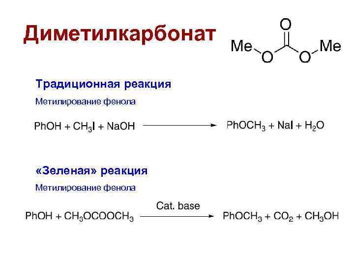 Диметилкарбонат Традиционная реакция Метилирование фенола «Зеленая» реакция Метилирование фенола 