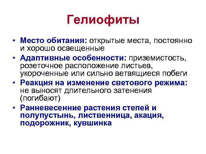 Гелиофиты • Место обитания: открытые места, постоянно и хорошо освещенные • Адаптивные особенности: приземистость,