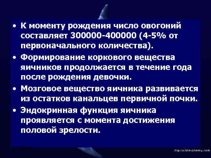  • К моменту рождения число овогоний составляет 300000 -400000 (4 -5% от первоначального