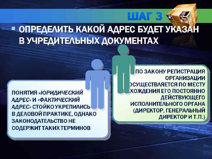 ШАГ 3 § ОПРЕДЕЛИТЬ КАКОЙ АДРЕС БУДЕТ УКАЗАН В УЧРЕДИТЕЛЬНЫХ ДОКУМЕНТАХ 