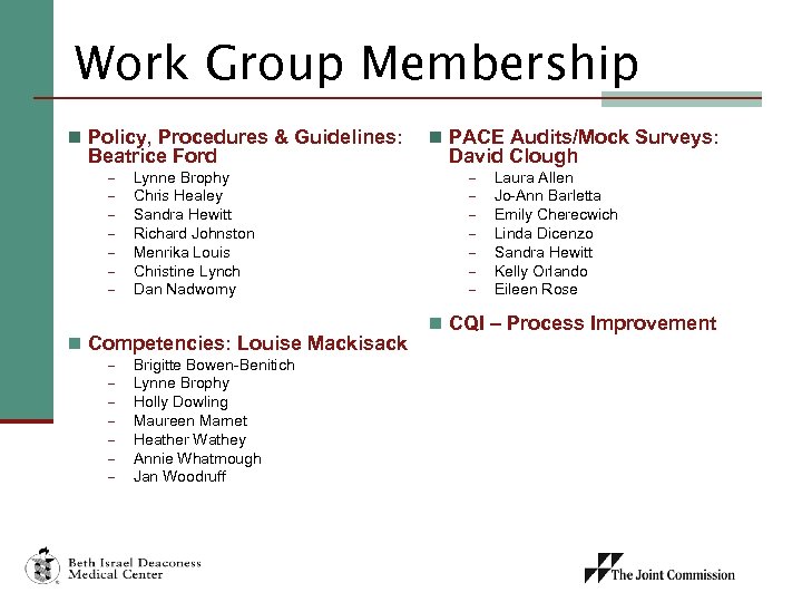 Work Group Membership n Policy, Procedures & Guidelines: Beatrice Ford - Lynne Brophy Chris