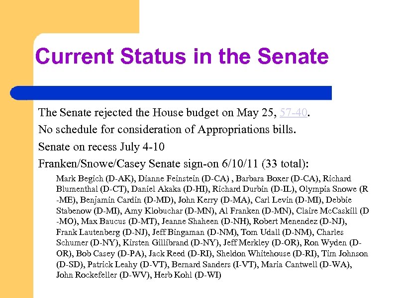 Current Status in the Senate The Senate rejected the House budget on May 25,