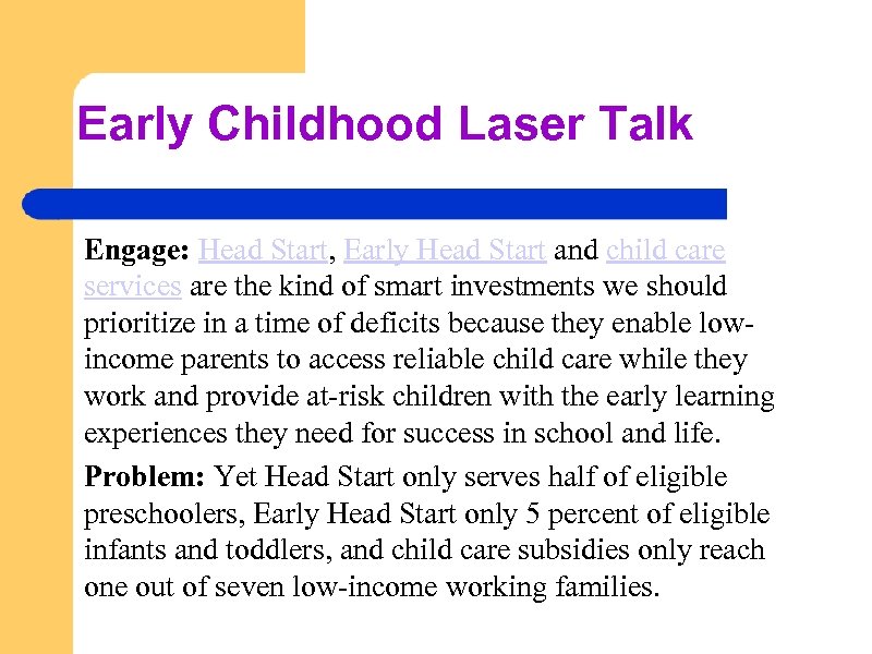 Early Childhood Laser Talk Engage: Head Start, Early Head Start and child care services