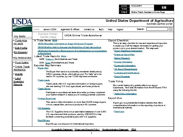 DATE TYPE PAGE 05. 22. 2003 SB Online Trade Assistance Home Page United States