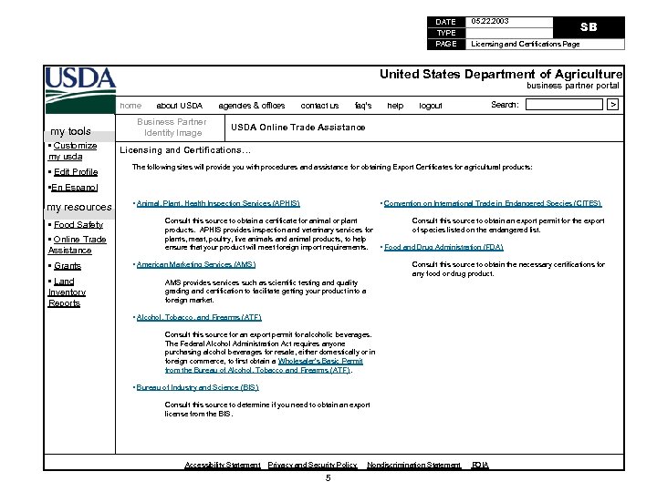 DATE TYPE PAGE 05. 22. 2003 SB Licensing and Certifications Page United States Department