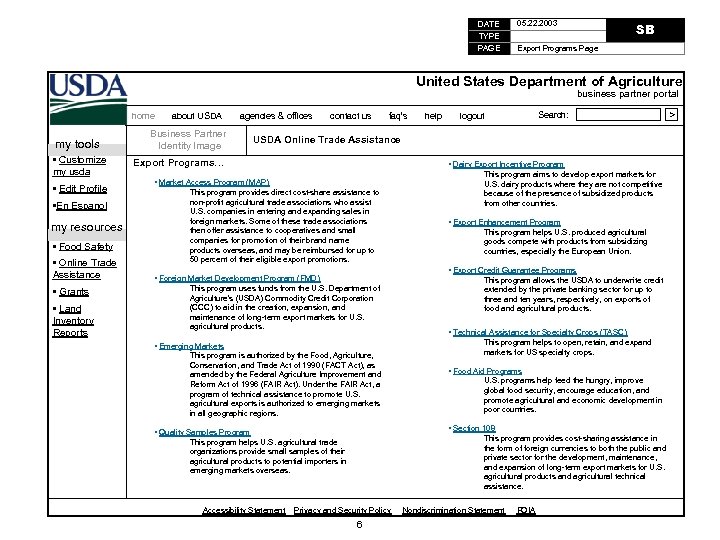 DATE TYPE PAGE 05. 22. 2003 SB Export Programs Page United States Department of