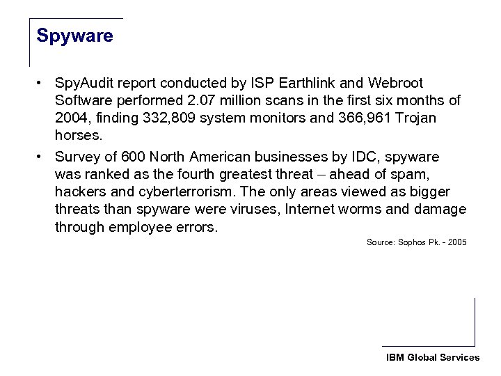 Spyware • Spy. Audit report conducted by ISP Earthlink and Webroot Software performed 2.