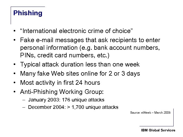Phishing • “International electronic crime of choice” • Fake e-mail messages that ask recipients