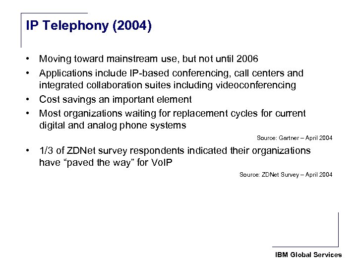 IP Telephony (2004) • Moving toward mainstream use, but not until 2006 • Applications