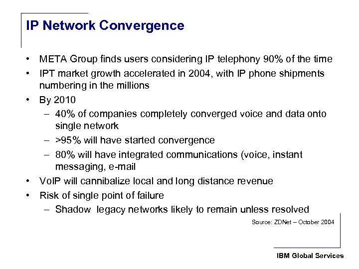 IP Network Convergence • META Group finds users considering IP telephony 90% of the