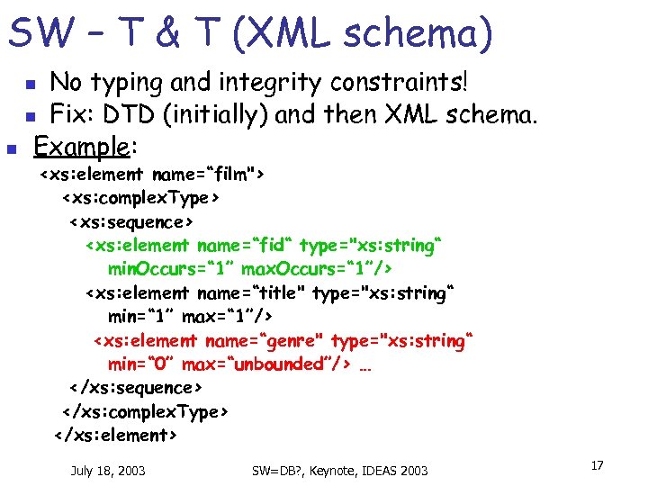 SW – T & T (XML schema) No typing and integrity constraints! n Fix: