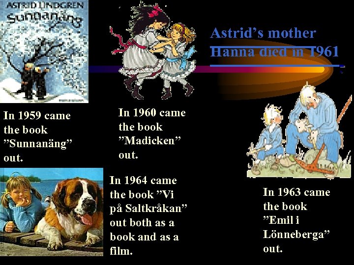 Astrid’s mother Hanna died in 1961 In 1959 came the book ”Sunnanäng” out. In