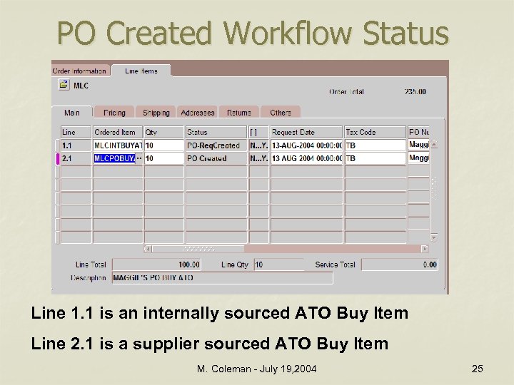 PO Created Workflow Status Line 1. 1 is an internally sourced ATO Buy Item