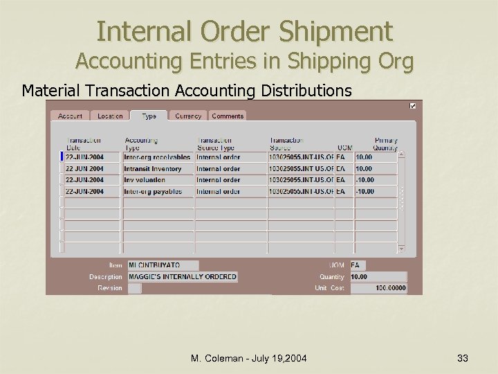 Internal Order Shipment Accounting Entries in Shipping Org Material Transaction Accounting Distributions M. Coleman