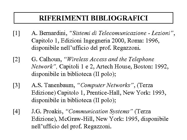 RIFERIMENTI BIBLIOGRAFICI [1] A. Bernardini, “Sistemi di Telecomunicazione - Lezioni”, Capitolo 1, Edizioni Ingegneria