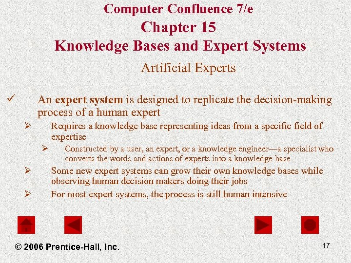 Computer Confluence 7/e Chapter 15 Knowledge Bases and Expert Systems Artificial Experts ü An