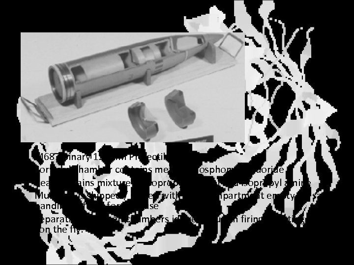 Delivery (cont. ) M 687 Binary 155 mm Projectile Forward chamber contains methyl phosphonyl