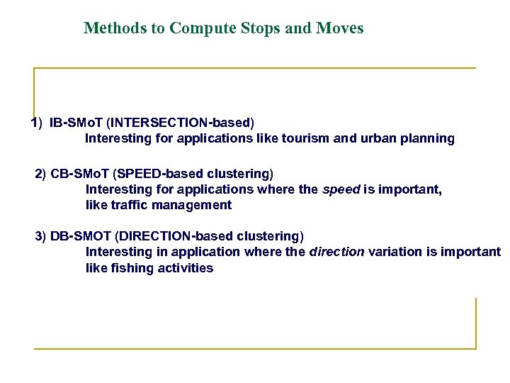 Methods to Compute Stops and Moves 1) IB-SMo. T (INTERSECTION-based) Interesting for applications like