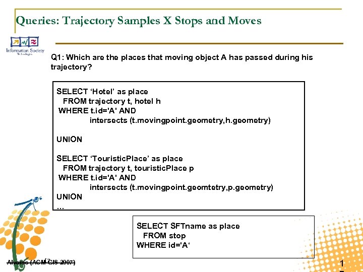 Queries: Trajectory Samples X Stops and Moves Q 1: Which are the places that