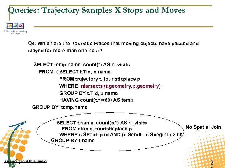 Queries: Trajectory Samples X Stops and Moves Q 4: Which are the Touristic Places