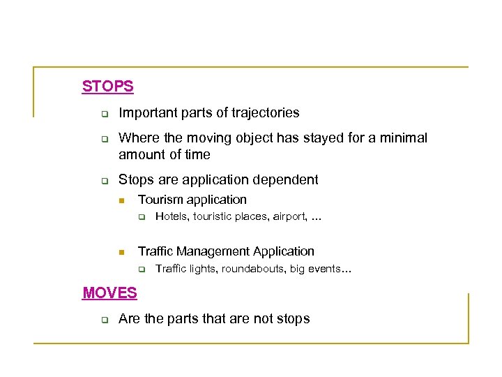 The Model of Stops and Moves (Spaccapietra 2008) STOPS q q q Important parts