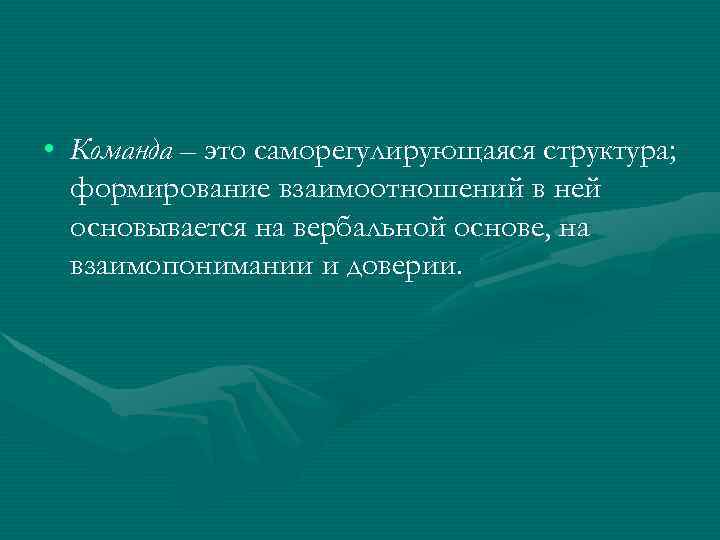  • Команда – это саморегулирующаяся структура; формирование взаимоотношений в ней основывается на вербальной