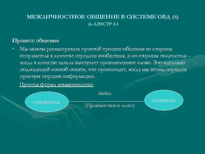 МЕЖЛИЧНОСТНОЕ ОБЩЕНИЕ В СИСТЕМЕ ОВД (6) Д– 3. ІНСТР 3. 1 Процесс общения •