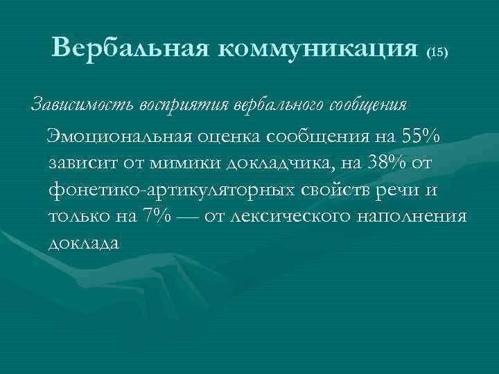 Вербальная коммуникация (15) Зависимость восприятия вербального сообщения Эмоциональная оценка сообщения на 55% зависит от