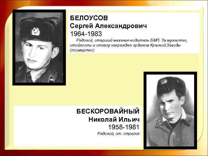БЕЛОУСОВ Сергей Александрович 1964 -1983 Рядовой, старший механик водитель БМП. 3 а мужество, стойкость