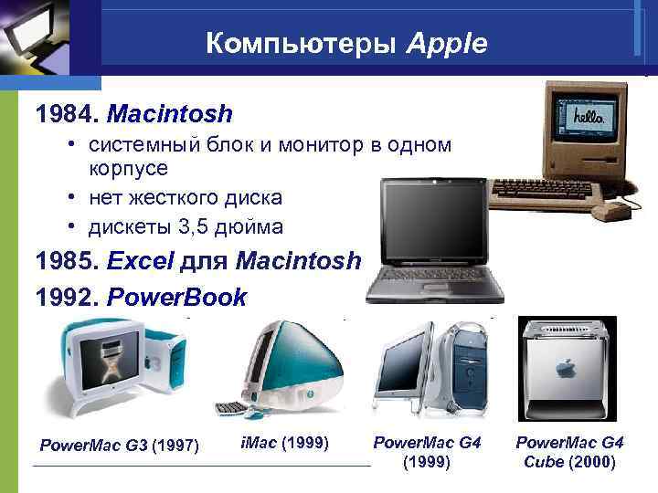 Компьютеры Apple 1984. Macintosh • системный блок и монитор в одном корпусе • нет