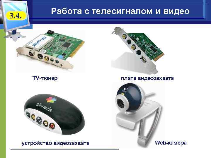 3. 4. Работа с телесигналом и видео TV-тюнер устройство видеозахвата плата видеозахвата Web-камера 