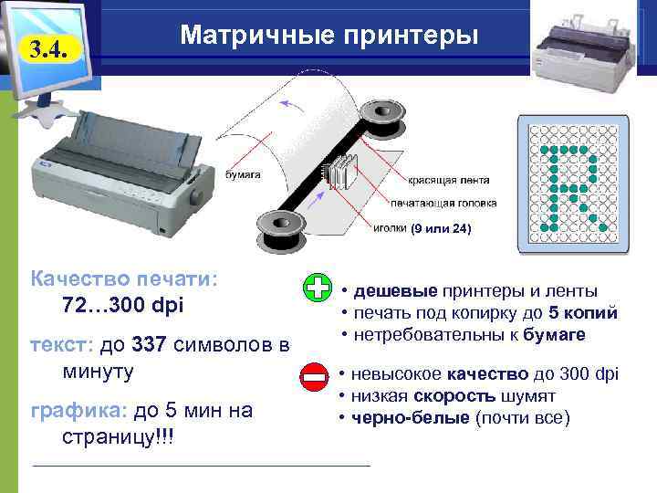 3. 4. Матричные принтеры (9 или 24) Качество печати: 72… 300 dpi текст: до