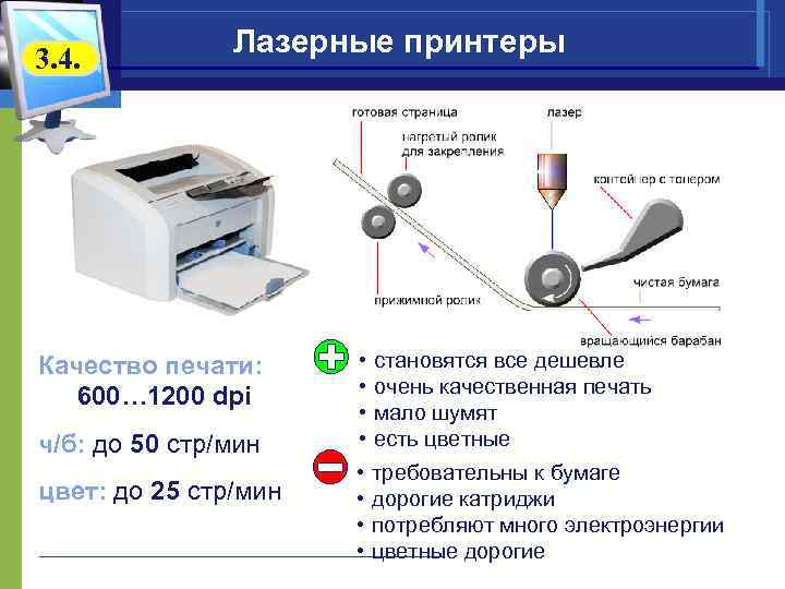 3. 4. Лазерные принтеры Качество печати: 600… 1200 dpi ч/б: до 50 стр/мин цвет: