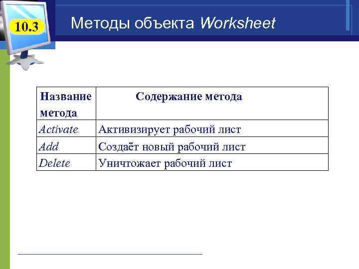 10. 3 Методы объекта Worksheet Название Содержание метода Activate Активизирует рабочий лист Add Создаёт