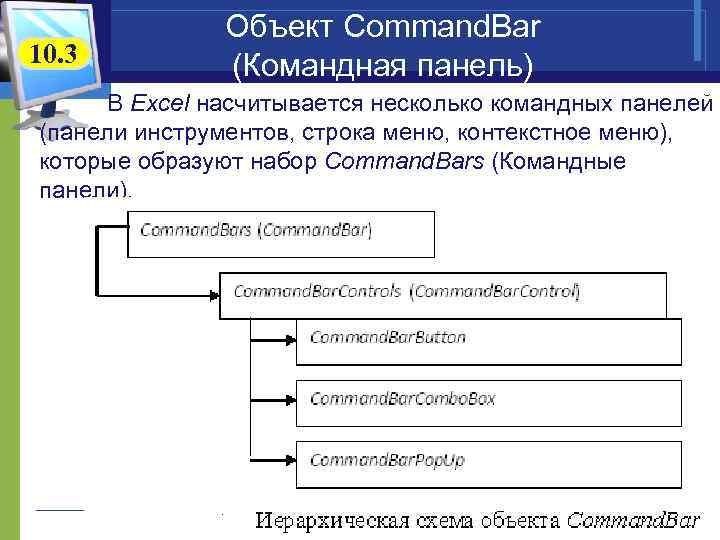 10. 3 Объект Command. Bar (Командная панель) В Excel насчитывается несколько командных панелей (панели