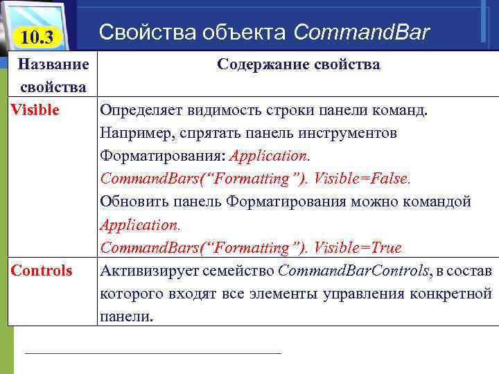 10. 3 Свойства объекта Command. Bar Название Содержание свойства Visible Определяет видимость строки панели