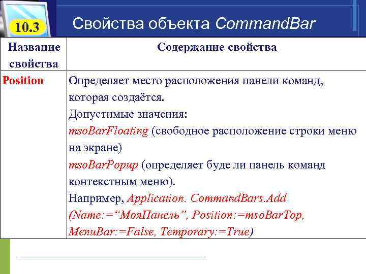 10. 3 Свойства объекта Command. Bar Название Содержание свойства Position Определяет место расположения панели